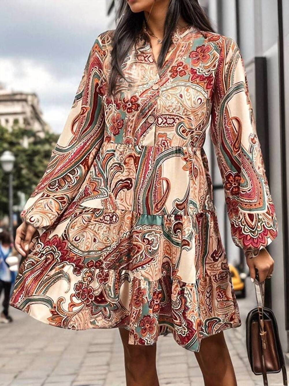 NEW VIVIDLUX long sleeves loose buttoned flower print v-neck mini dress in camel
